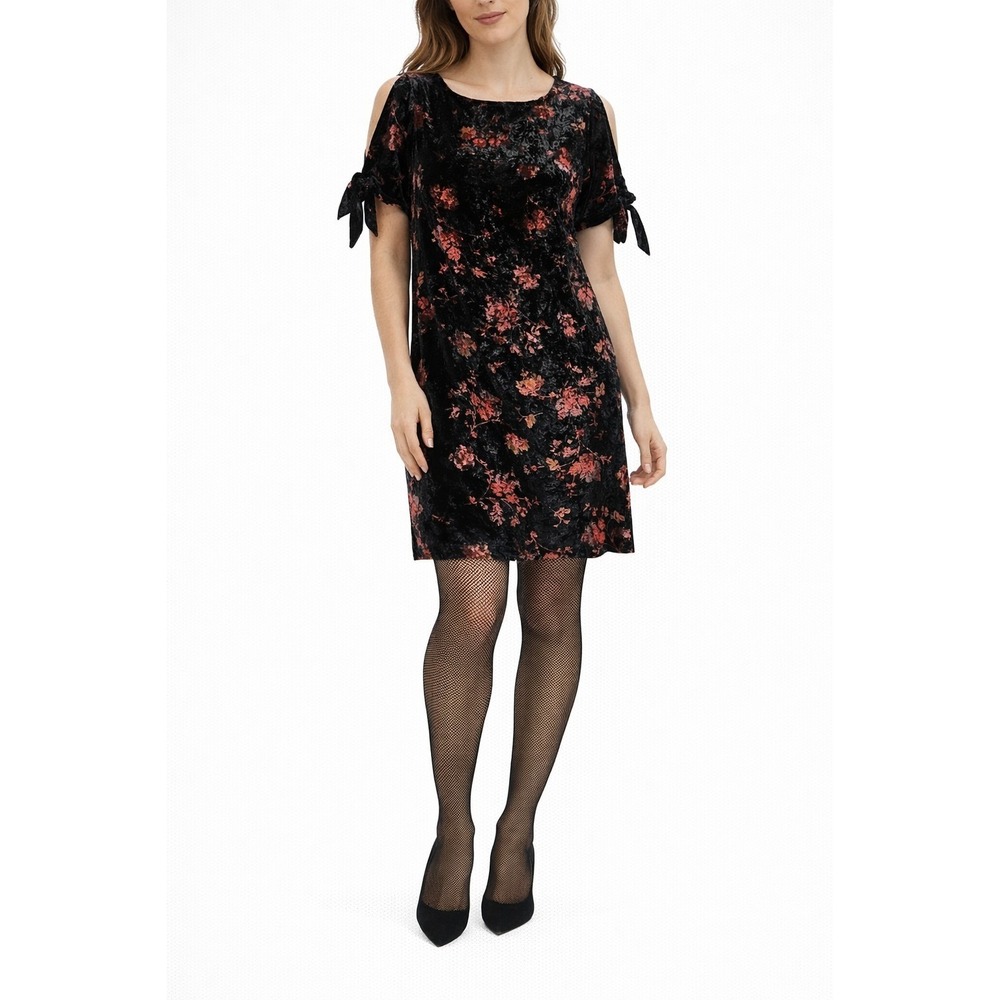 LOFT Dress‎ Women's S Black Red Crushed Velvet Floral Cold Shoulder Shift Winter